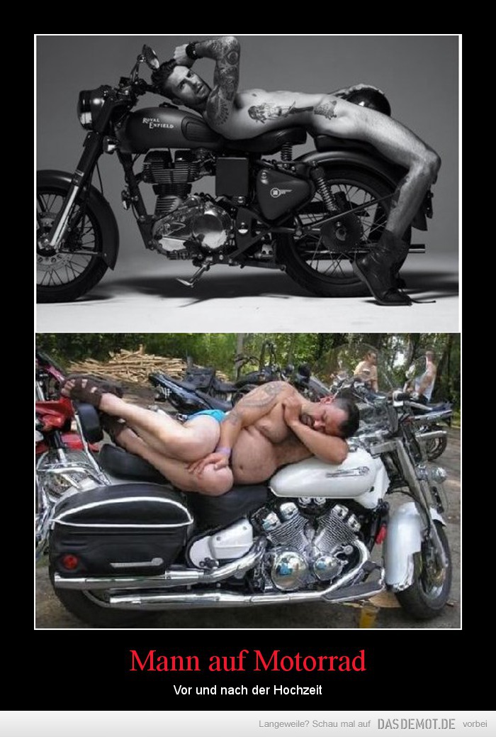 Mann auf Motorrad – Vor und nach der Hochzeit 