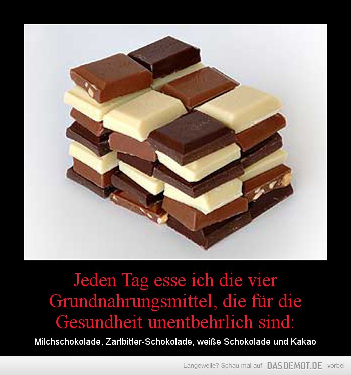 Jeden Tag esse ich die vier Grundnahrungsmittel, die für die Gesundheit unentbehrlich sind: – Milchschokolade, Zartbitter-Schokolade, weiße Schokolade und Kakao 