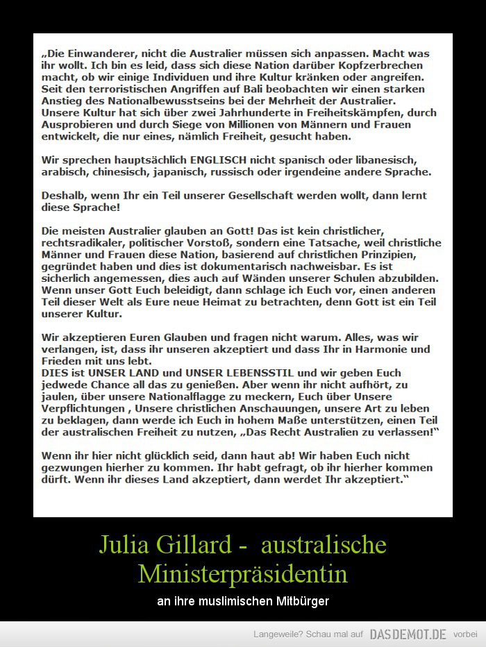 Julia Gillard -  australische Ministerpräsidentin – an ihre muslimischen Mitbürger 